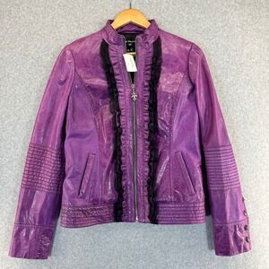 Royal Underground Purple Leather Ruffled Jacket Coat Fem Biker Womens Medium NWT